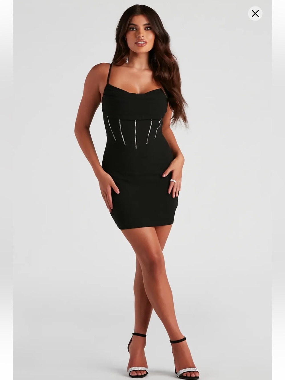 Windsor | Black Rhinestone Slit Cami Mini Dress | Size S ✨